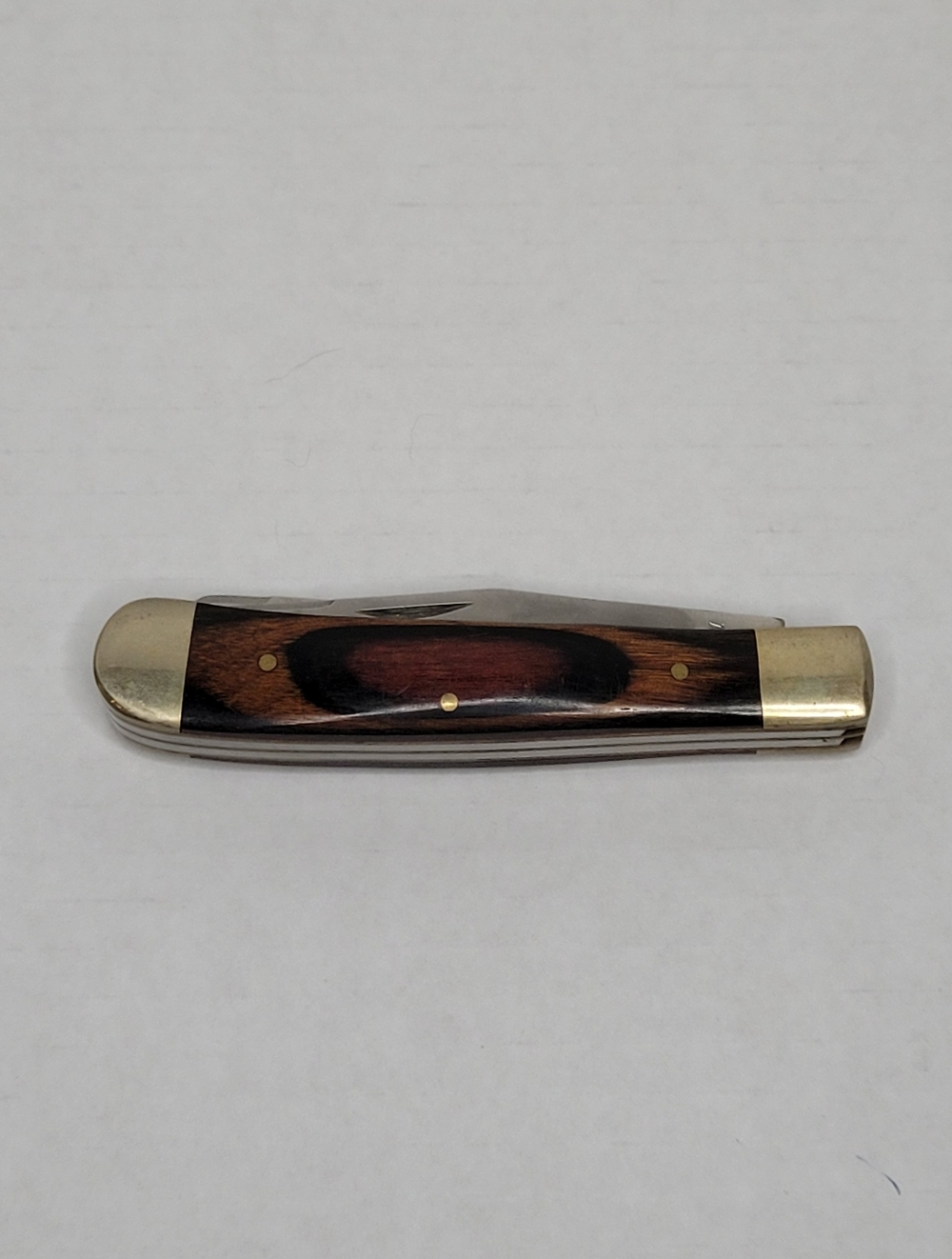 Classic Vintage Folding Pocket Knife Wood Handle Brass Accents w Two Tools